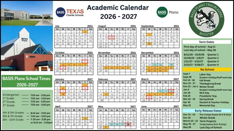 BASIS Plano academic calendar grid for 2026-2027, July 2026 through June 2027