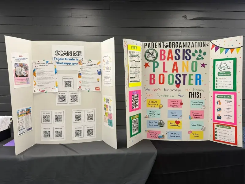 The two display boards side by side: a wall of QR codes for the grade chats, and the Booster board listing what the money pays for