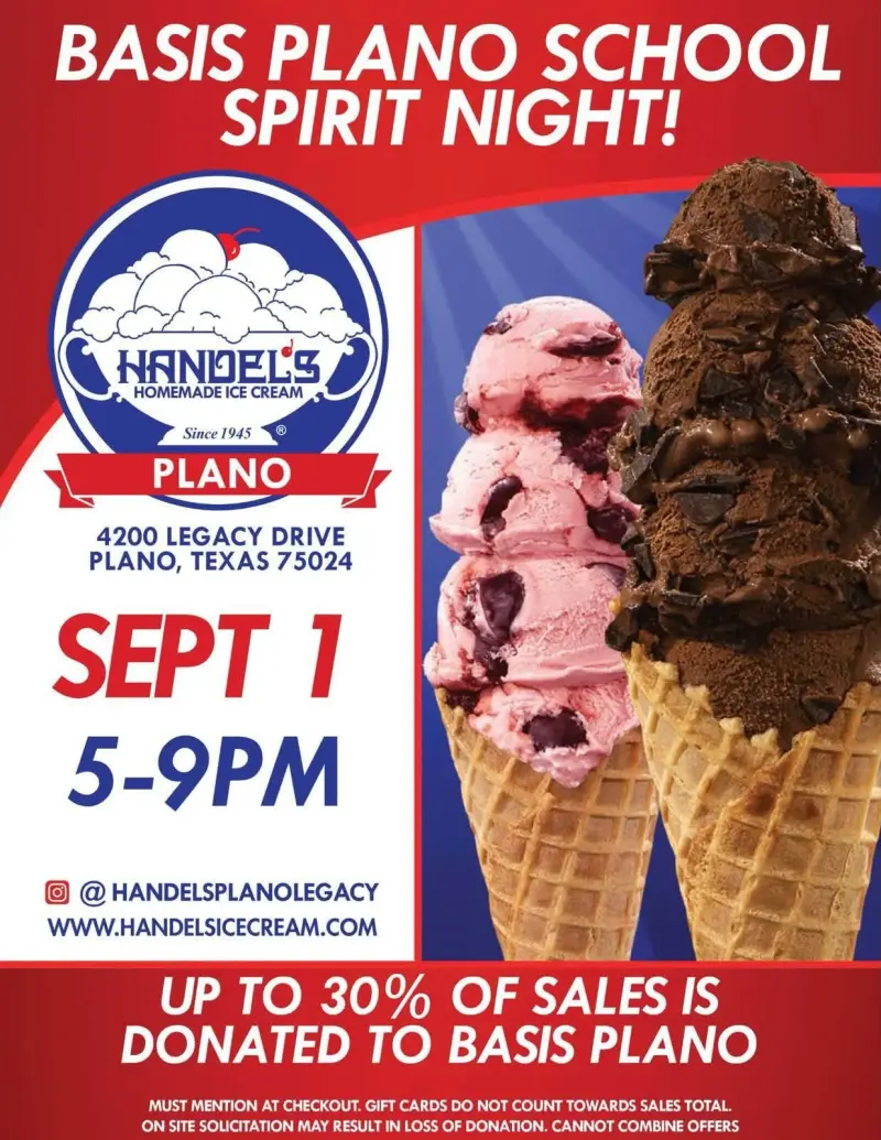 The spirit night flyer: September 1, 5 to 9pm at the Legacy Drive shop, with up to 30% of sales donated to the school