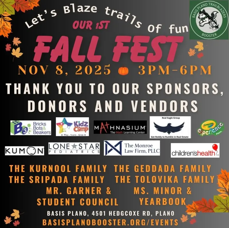 The Fall Fest flyer for November 8, 2025, thanking the event’s sponsors, donors and vendors