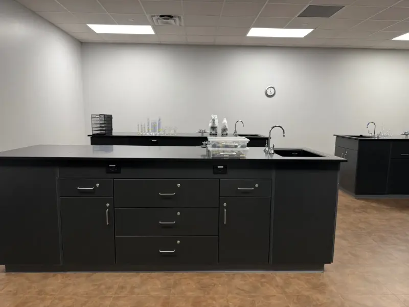 A new science lab, black-topped benches with sinks and taps, glassware set out along the back counter